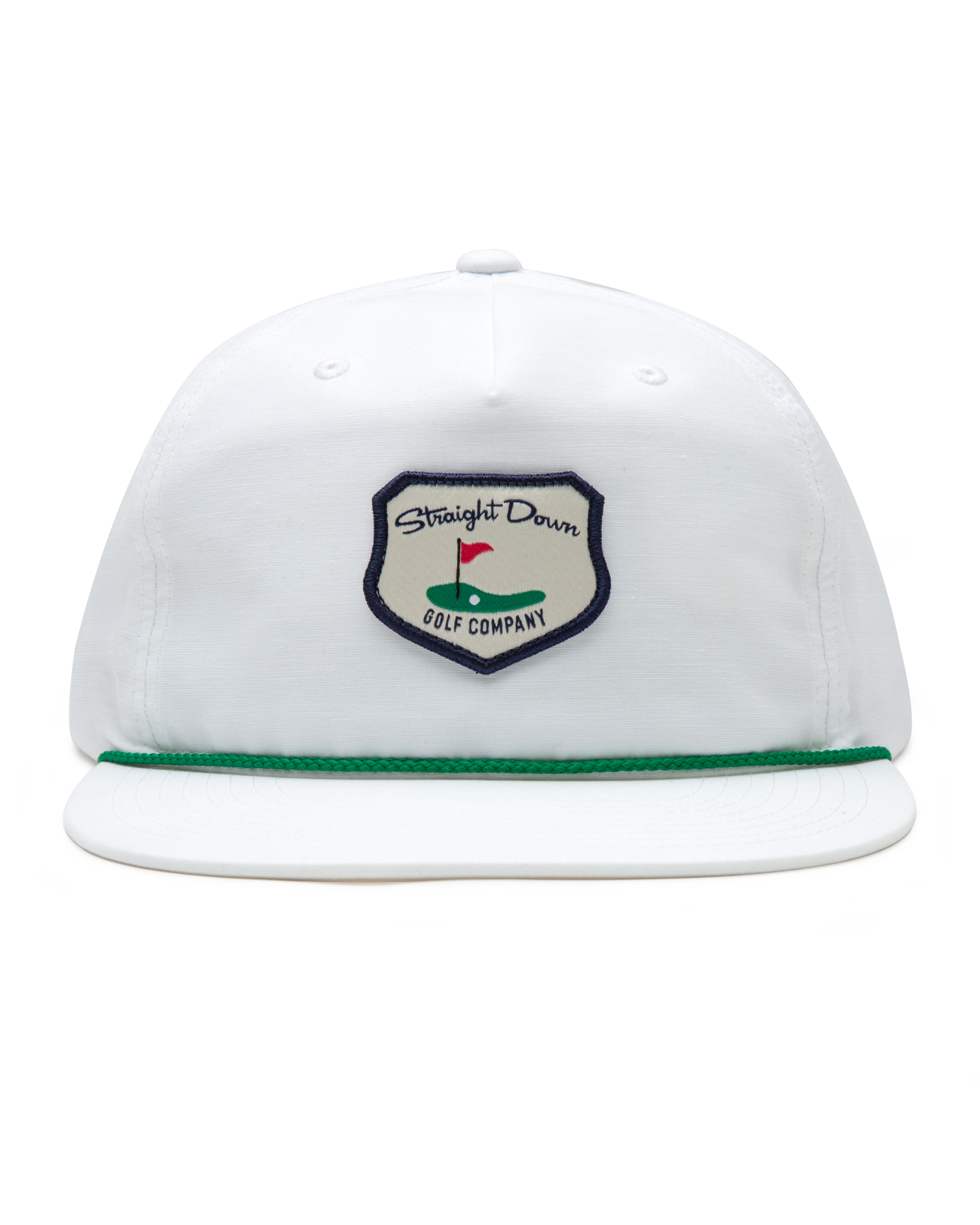 Hogan Retro Rope Hat in White, front view featuring a white snapback hat with a green rope brim detail and Straight Down Golf Company shield patch featuring a golf green with flag 