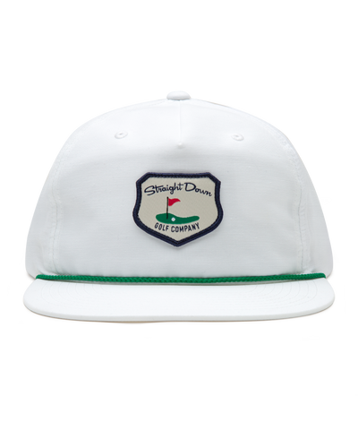 Hogan Retro Rope Hat in White, front view featuring a white snapback hat with a green rope brim detail and Straight Down Golf Company shield patch featuring a golf green with flag 