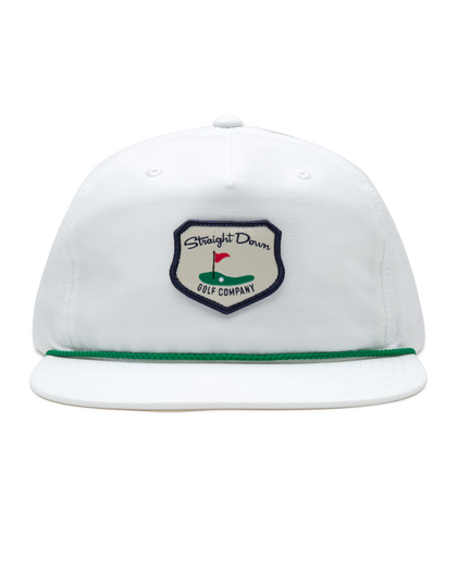 Hogan Retro Rope Hat in White, front view featuring a white snapback hat with a green rope brim detail and Straight Down Golf Company shield patch featuring a golf green with flag 