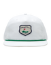 Hogan Retro Rope Hat in White, front view featuring a white snapback hat with a green rope brim detail and Straight Down Golf Company shield patch featuring a golf green with flag 