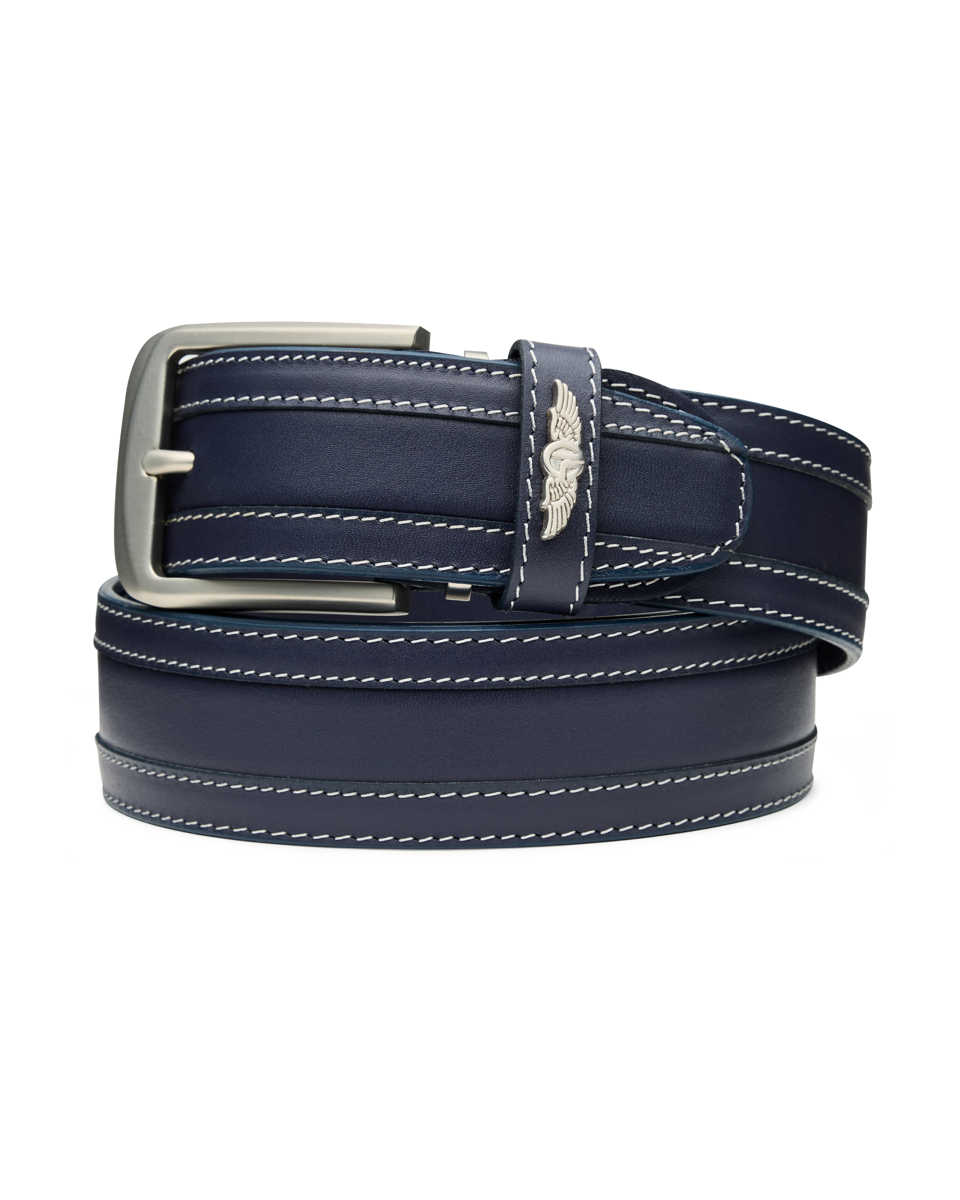 Men's Diplomat Belt in New Indigo, coiled flat lay view featuring a leather construction with contrast white stitching, silver rectangular buckle, and Straight Down logo keeper