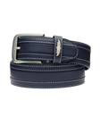 Men's Diplomat Belt in New Indigo, coiled flat lay view featuring a leather construction with contrast white stitching, silver rectangular buckle, and Straight Down logo keeper