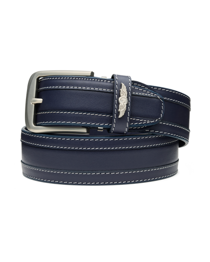 Men's Diplomat Belt in New Indigo, coiled flat lay view featuring a leather construction with contrast white stitching, silver rectangular buckle, and Straight Down logo keeper