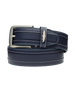 Men's Diplomat Belt in New Indigo, coiled flat lay view featuring a leather construction with contrast white stitching, silver rectangular buckle, and Straight Down logo keeper