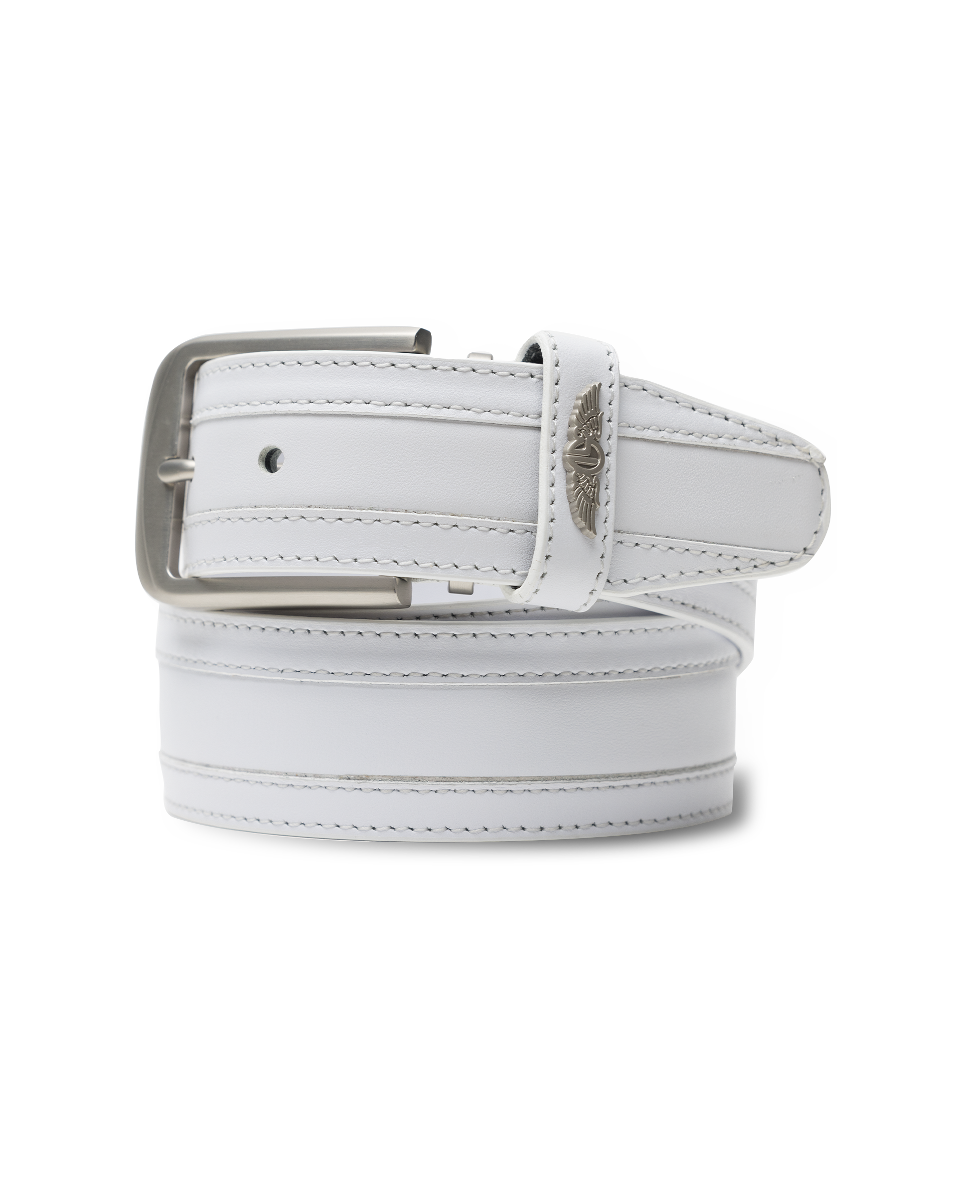 Straight Down Diplomat Belt in White, coiled product view featuring a white leather belt with contrast stitching, silver rectangular buckle, and a Straight Down logo keeper