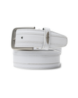 Straight Down Diplomat Belt in White, coiled product view featuring a white leather belt with contrast stitching, silver rectangular buckle, and a Straight Down logo keeper