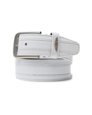 Straight Down Diplomat Belt in White, coiled product view featuring a white leather belt with contrast stitching, silver rectangular buckle, and a Straight Down logo keeper