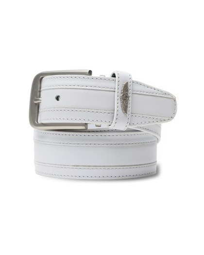 Straight Down Diplomat Belt in White, coiled product view featuring a white leather belt with contrast stitching, silver rectangular buckle, and a Straight Down logo keeper