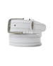 Straight Down Diplomat Belt in White, coiled product view featuring a white leather belt with contrast stitching, silver rectangular buckle, and a Straight Down logo keeper