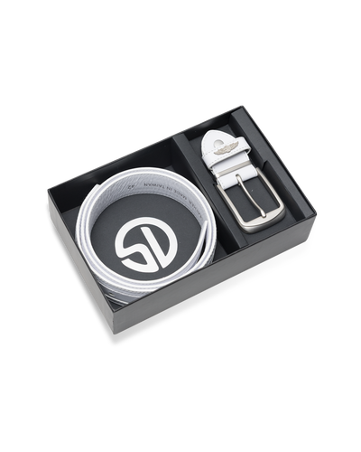 Straight Down Diplomat Belt in White, packaging view featuring the white leather belt coiled in a black gift box with a Straight Down branded insert, alongside the detached silver buckle