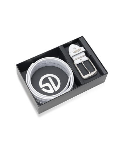 Straight Down Diplomat Belt in White, packaging view featuring the white leather belt coiled in a black gift box with a Straight Down branded insert, alongside the detached silver buckle