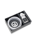 Straight Down Diplomat Belt in White, packaging view featuring the white leather belt coiled in a black gift box with a Straight Down branded insert, alongside the detached silver buckle