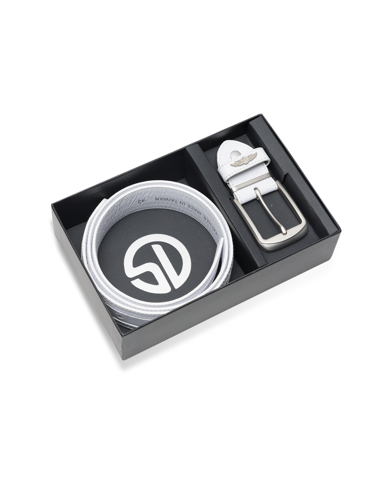 Straight Down Diplomat Belt in White, packaging view featuring the white leather belt coiled in a black gift box with a Straight Down branded insert, alongside the detached silver buckle