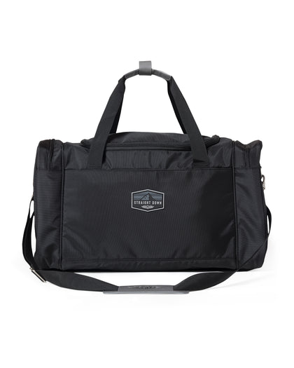 Straight Down Montana Duffle Bag in Black, front view featuring a black nylon duffle bag with a Straight Down mountain badge logo patch, top zip closure, dual carry handles, front zip pocket, and adjustable black crossbody strap