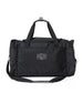 Straight Down Montana Duffle Bag in Black, front view featuring a black nylon duffle bag with a Straight Down mountain badge logo patch, top zip closure, dual carry handles, front zip pocket, and adjustable black crossbody strap