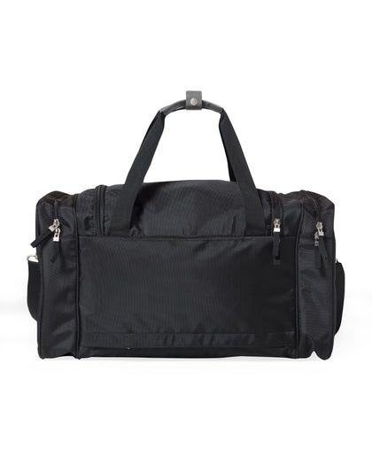 Straight Down Montana Duffle Bag in Black, back view featuring a black nylon duffle bag with dual end zip pockets, dual carry handles, and adjustable black crossbody strap