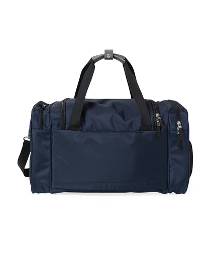 Straight Down Montana Duffle Bag in New Indigo, back view featuring a navy nylon duffle bag with dual end zip pockets, dual carry handles, and adjustable black crossbody strap