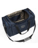 Straight Down Montana Duffle Bag in New Indigo, open top view featuring a navy nylon duffle bag with a gray interior lining, showing the spacious main compartment and Straight Down logo strap pad