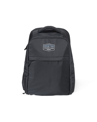 Straight Down Montana Backpack in Black, front view featuring a black ripstop nylon backpack with a Straight Down mountain badge logo patch, front zip pocket, and top carry handle