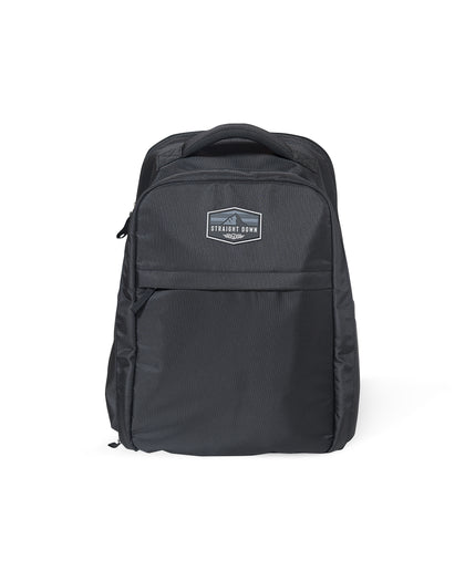 Straight Down Montana Backpack in Black, front view featuring a black ripstop nylon backpack with a Straight Down mountain badge logo patch, front zip pocket, and top carry handle