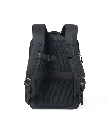 Straight Down Montana Backpack in Black, back view featuring padded mesh back panel, adjustable shoulder straps with a chest buckle strap, and side adjustment buckles