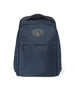 Straight Down Montana Backpack in New Indigo, front view featuring a navy ripstop nylon backpack with a Straight Down mountain badge logo patch, front zip pocket, and top carry handle