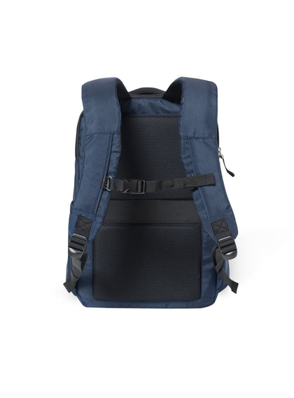 Straight Down Montana Backpack in New Indigo, back view featuring a padded mesh back panel, adjustable shoulder straps with a chest buckle strap, and side adjustment buckles