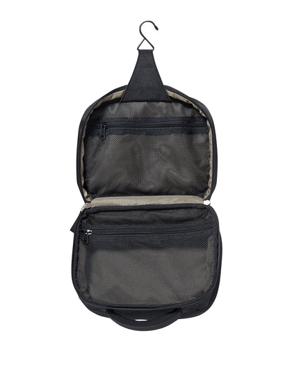 Straight Down Montana Dopp Bag in Black, open top view featuring two mesh interior compartments with zip pockets and a removable hanging hook for hands-free storage
