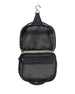 Straight Down Montana Dopp Bag in Black, open top view featuring two mesh interior compartments with zip pockets and a removable hanging hook for hands-free storage