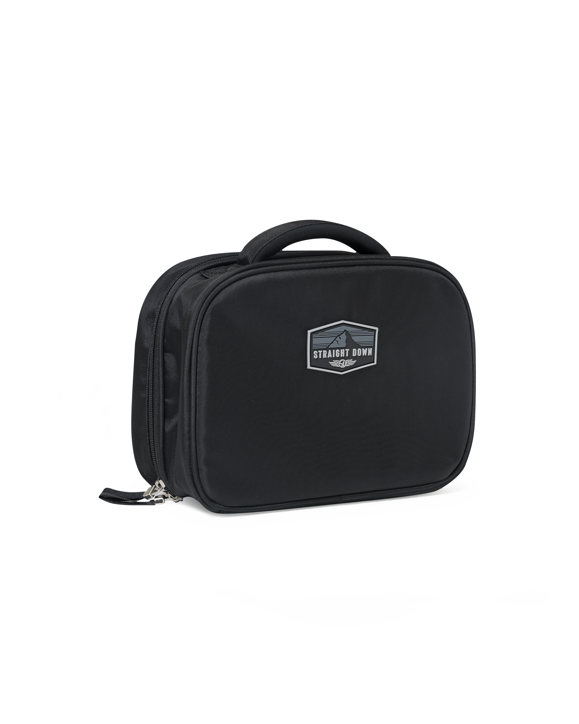 Straight Down Montana Dopp Bag in Black, front angle view featuring a black toiletry bag with a Straight Down mountain badge logo patch, zip closure, and top carry handle