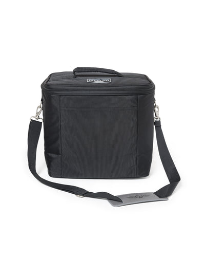 Straight Down Montana Cooler Bag in Black, front view featuring a black insulated cooler bag with a Straight Down mountain badge logo patch, front zip pocket, top carry handle, and adjustable black crossbody strap with a Straight Down logo strap pad