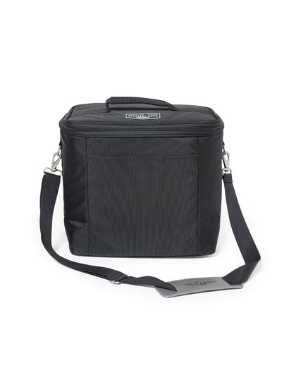 Straight Down Montana Cooler Bag in Black, front view featuring a black insulated cooler bag with a Straight Down mountain badge logo patch, front zip pocket, top carry handle, and adjustable black crossbody strap with a Straight Down logo strap pad