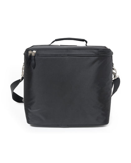Straight Down Montana Cooler Bag in Black, back view featuring a black insulated cooler bag with a top carry handle, zip closure, and adjustable black crossbody strap with silver clip hardware