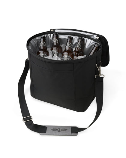 Straight Down Montana Cooler Bag in Black, open top view featuring a black insulated cooler bag filled with ice and bottles, showing the silver insulated interior lining and a Straight Down logo on the shoulder strap pad