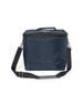 Straight Down Montana Cooler Bag in New Indigo, front view featuring a navy insulated cooler bag with a Straight Down mountain badge logo patch, front zip pocket, top carry handle, and adjustable black crossbody strap