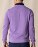 Men's Links Crewneck Sweater in Amethyst, back on-model view featuring a medium purple textured knit fabric with a tonal embroidered Straight Down logo at the upper back, styled with a navy collared shirt and navy pants