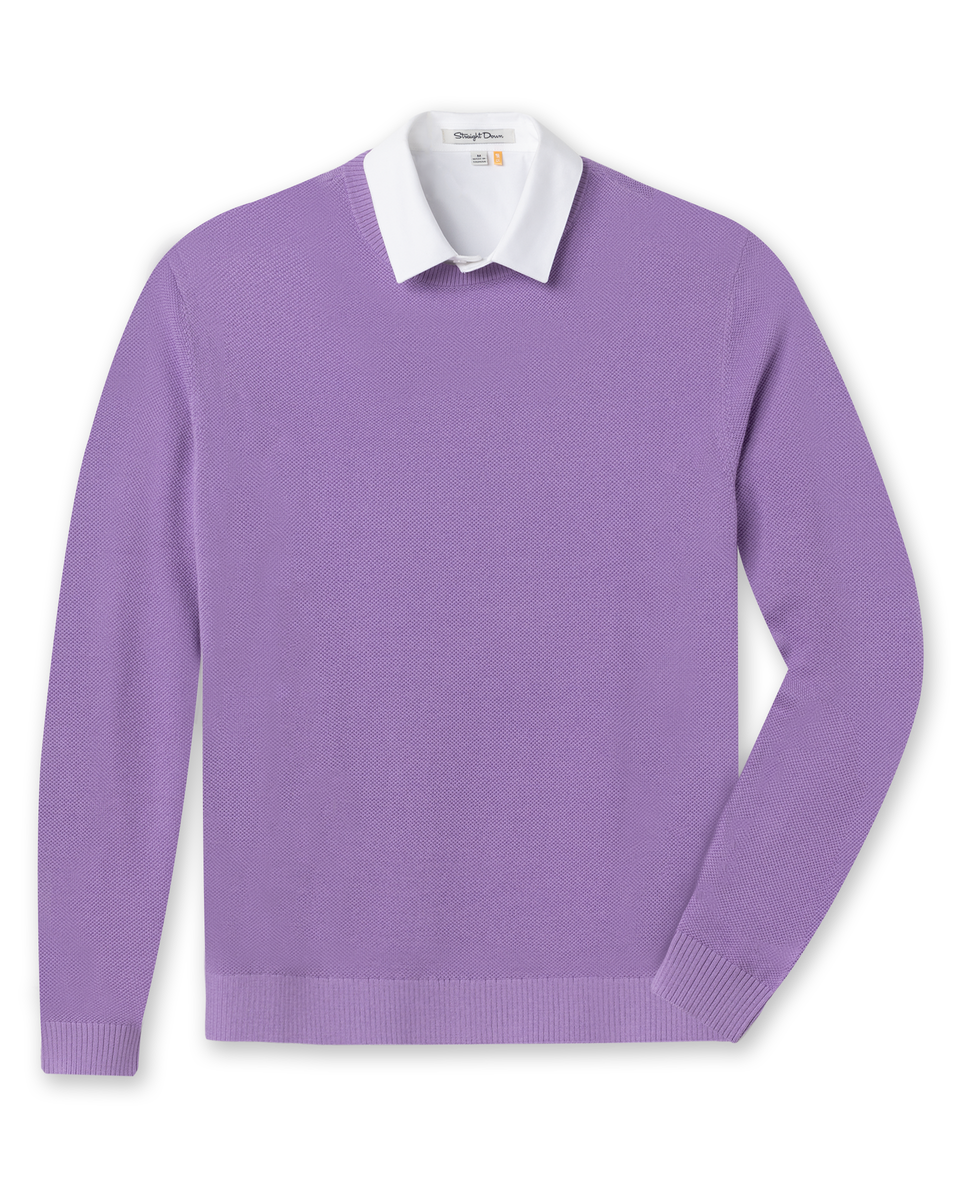 Men's Links Crewneck Sweater in Amethyst, flat lay front view featuring a solid purple textured knit body with long sleeves and ribbed cuffs and hem
