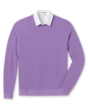 Men's Links Crewneck Sweater in Amethyst, flat lay front view featuring a solid purple textured knit body with long sleeves and ribbed cuffs and hem