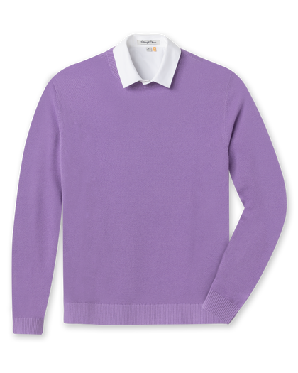 Men's Links Crewneck Sweater in Amethyst, flat lay front view featuring a solid purple textured knit body with long sleeves and ribbed cuffs and hem