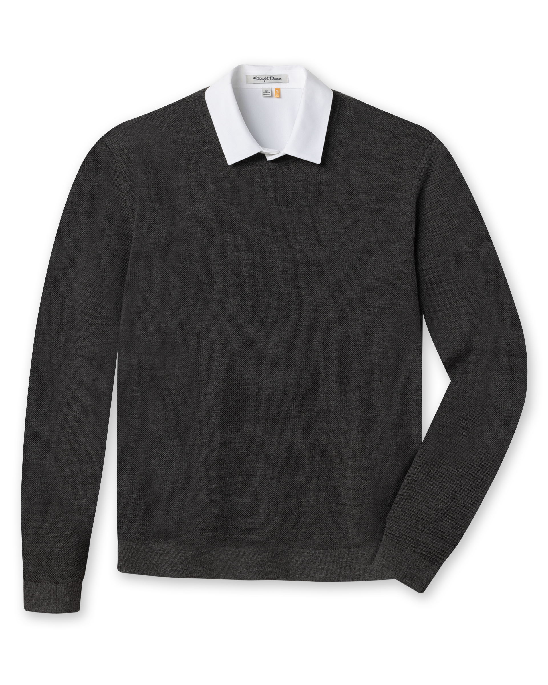 Men's Links Crewneck Sweater in Charcoal, flat lay front view featuring a heathered charcoal textured knit body with long sleeves and ribbed cuffs and hem
