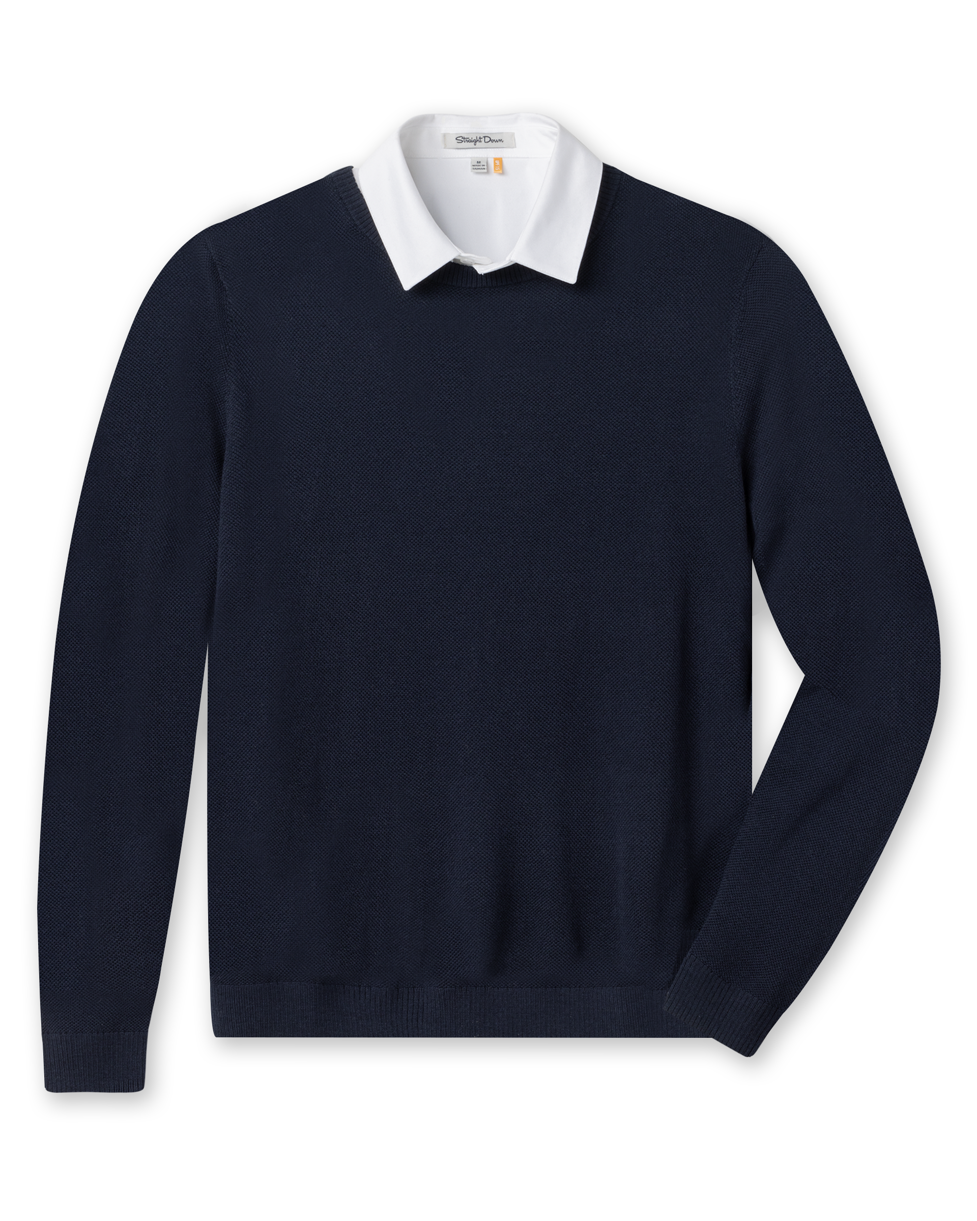 Men's Links Crewneck Sweater in New Indigo, flat lay front view featuring a solid navy textured knit body with long sleeves and ribbed cuffs and hem