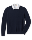 Men's Links Crewneck Sweater in New Indigo, flat lay front view featuring a solid navy textured knit body with long sleeves and ribbed cuffs and hem