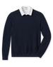 Men's Links Crewneck Sweater in New Indigo, flat lay front view featuring a solid navy textured knit body with long sleeves and ribbed cuffs and hem