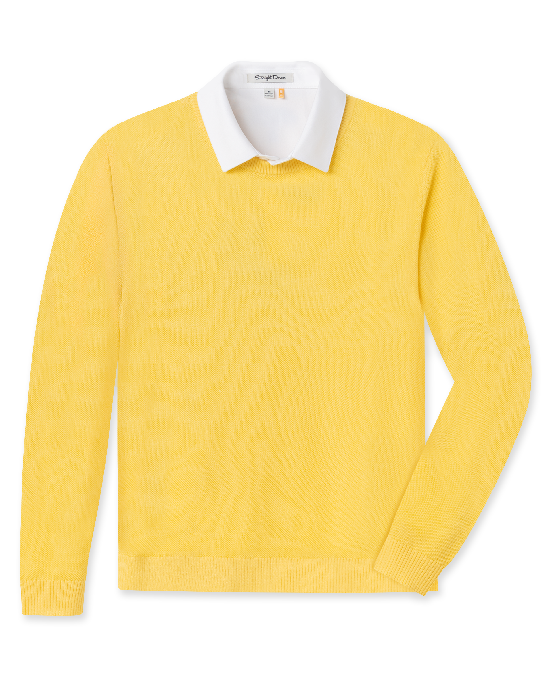 Men's Links Crewneck Sweater in Sunshine, flat lay front view featuring a solid yellow textured knit body with long sleeves and ribbed cuffs and hem