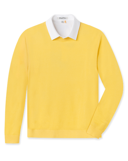 Men's Links Crewneck Sweater in Sunshine, flat lay front view featuring a solid yellow textured knit body with long sleeves and ribbed cuffs and hem