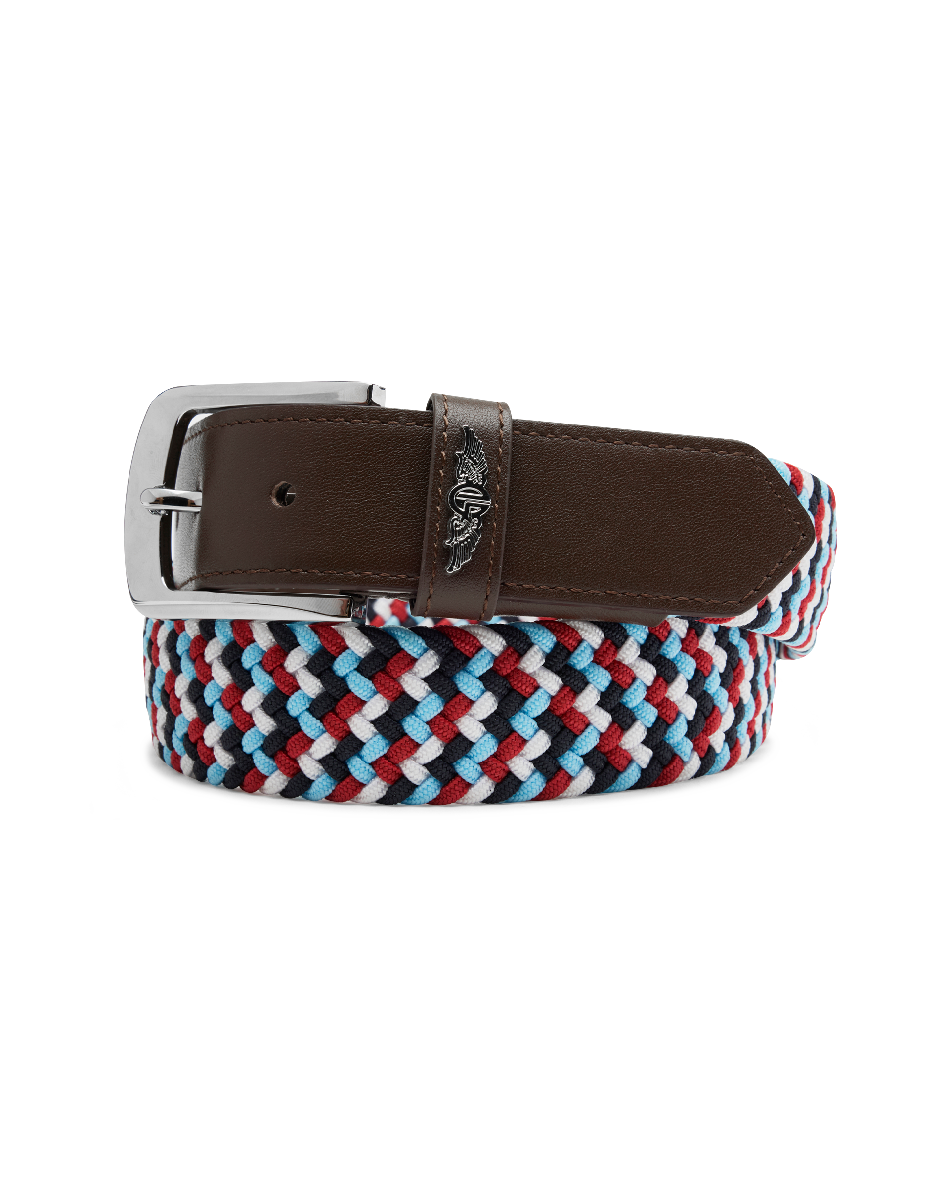Washington Web Belt in Flag Red with braided red, white, and blue webbing, front view