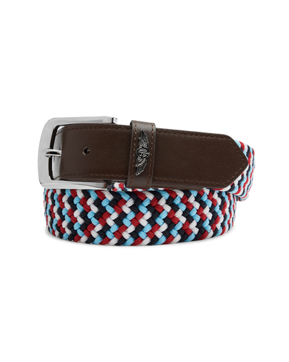Washington Web Belt in Flag Red with braided red, white, and blue webbing, front view