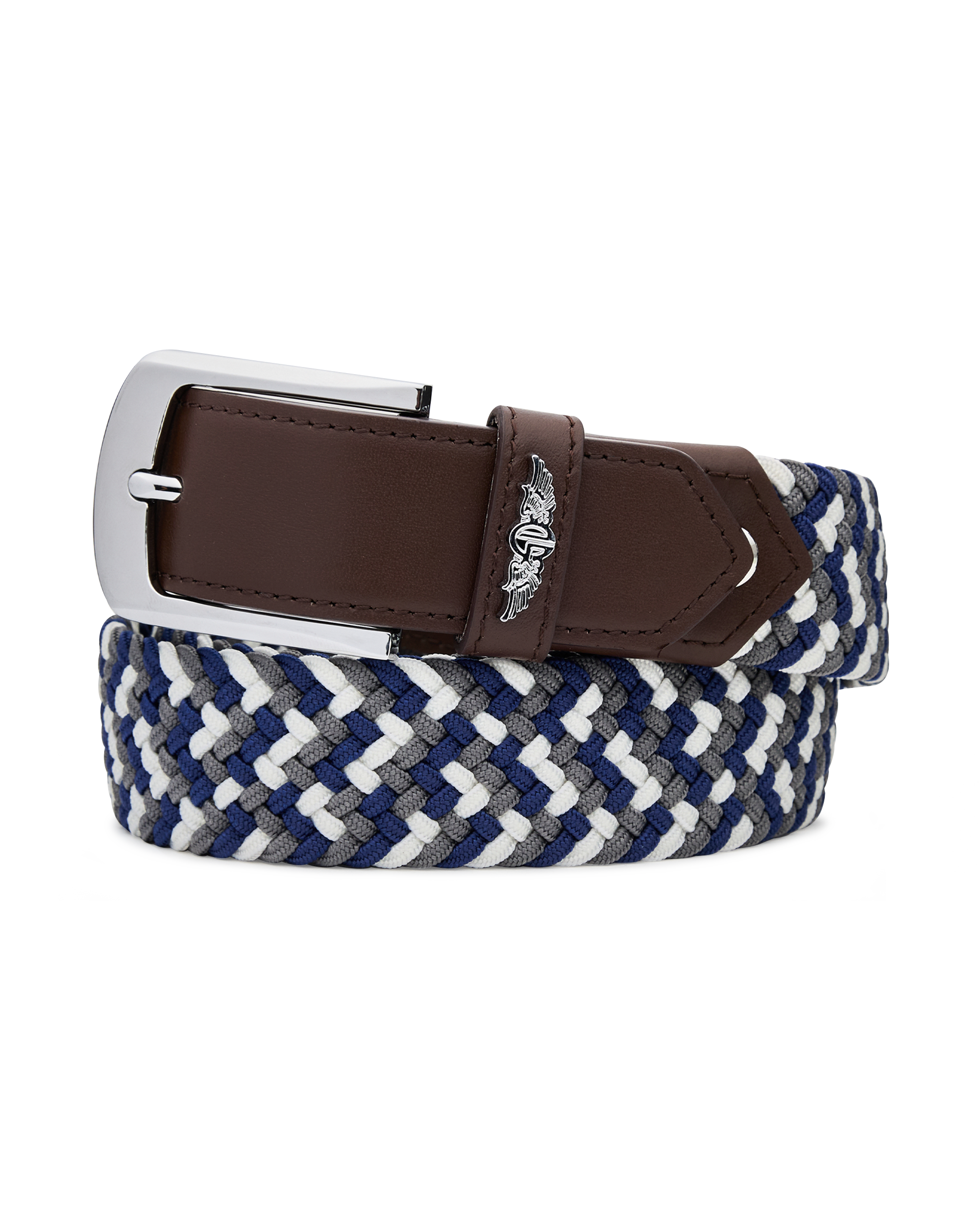 Men's Washington Web Belt in New Indigo, coiled view featuring a navy, grey, and white woven elastic construction with a brown leather keeper, Straight Down logo, and silver rectangular buckle