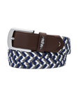 Men's Washington Web Belt in New Indigo, coiled view featuring a navy, grey, and white woven elastic construction with a brown leather keeper, Straight Down logo, and silver rectangular buckle