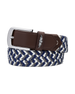 Men's Washington Web Belt in New Indigo, coiled view featuring a navy, grey, and white woven elastic construction with a brown leather keeper, Straight Down logo, and silver rectangular buckle